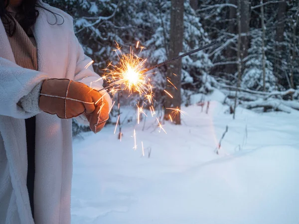 Bonjour l'hiver, ambiance hivernale confortable. Une fille dans un manteau de fourrure blanche et des mitaines chaudes — Photo