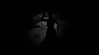 Themis, adalet tanrıçası gözleri bağlı, pulları ve elinde bir kılıçla.