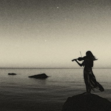 kayanın üzerinde duran sanatsal violine oyuncu
