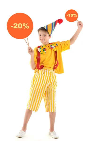 Clownskind mit Rabattschildern Stockfoto