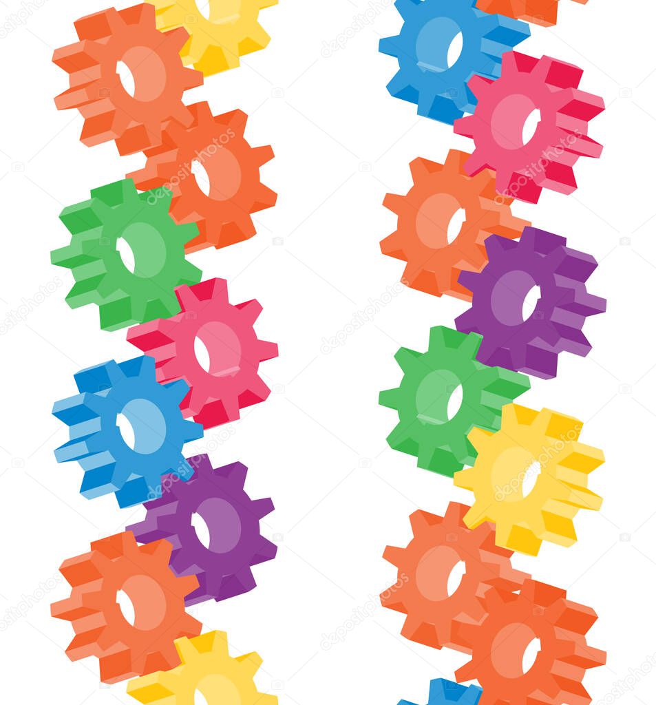 Seamless pattern with gears, cogwheels. Multicolored isometric pattern for background or fills. Vector illustration.