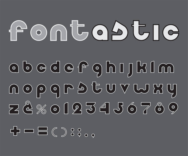 Векторный шрифт в сером. Монохромный алфавит. Очерченные буквы, цифры и знаки препинания.