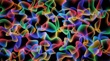 Üstüste binen saydam biçimsiz şekillerin, neon ışıklı soyut çok renkli arkaplanı. Vektör illüstrasyonu.