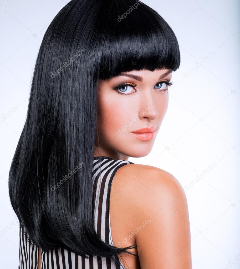 Beautiful Brunette Woman With Long Black Straight Hair Stock