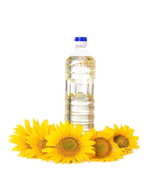 Bottle of sunflower oil with flower — Stock Photo, Image