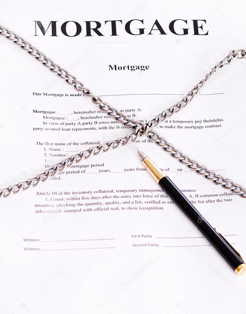 Mortgage. Contract entwined chain and pen