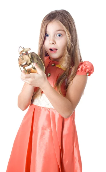 Girl holding alarm clock — Stock Photo, Image