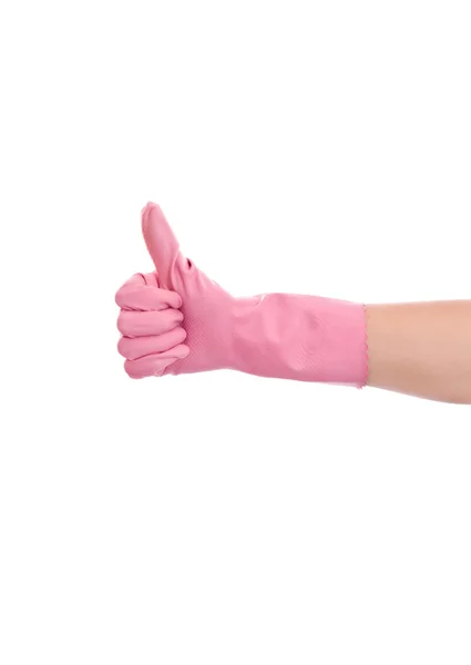 Vrouw hand in roze rubberen handschoen gebaren — Stockfoto