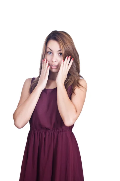 Mooie femenine meisje in een rode jurk — Stockfoto