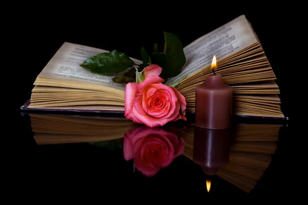 Open book and rose — Stock Photo, Image