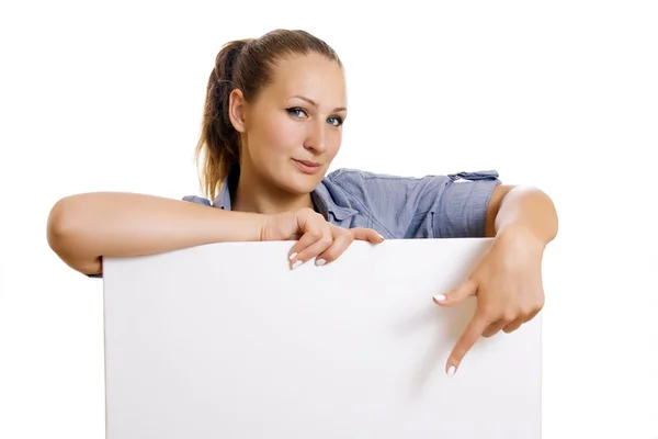 Woman holding a banner ad — Stock Photo, Image