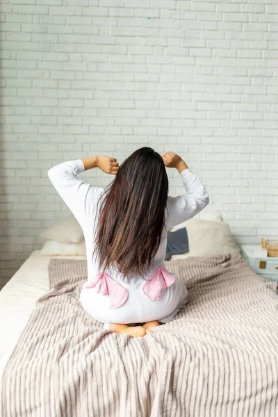 Woman Sitting Bed Pulling Meets Dawn Morning — Stock Photo, Image