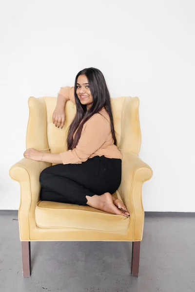 Young Indian Woman Sitting Chair Thinks Her Desires — Stock Photo, Image