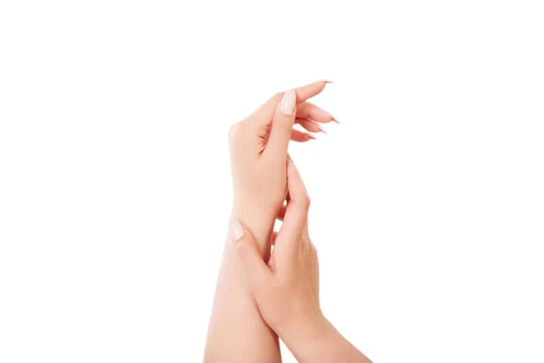 Beautiful Woman Hands Light Background Care Hand Tender Palm Natural — Zdjęcie stockowe