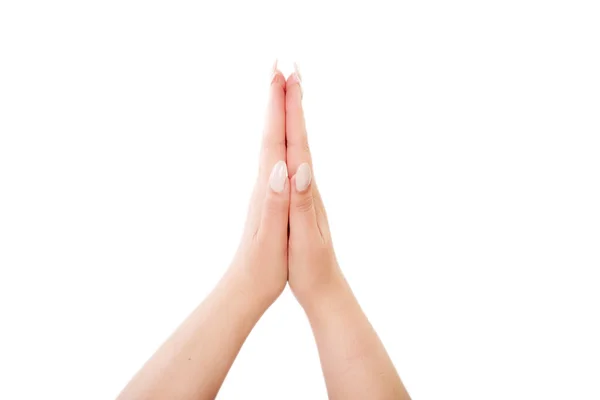 Hands Folded Namaste Prayer Isolated White Female Hands Pray Show — Stock Photo, Image