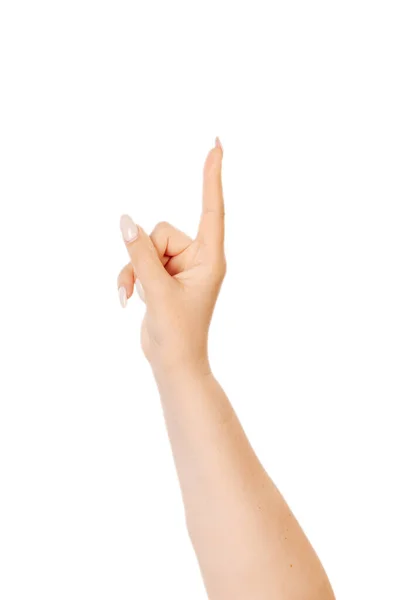 여성의 하얀색 배경에서 있습니다 손짓을 사용하여 의사소통을 위하여 수자를 상징이라는 — 스톡 사진