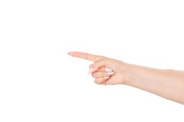 Çilli beyaz el. Ayrı bir kadının avuç içi yukarıda, sağ ya da sol bileği açıyla bükülmüş bir şekilde işaret ediyor.
