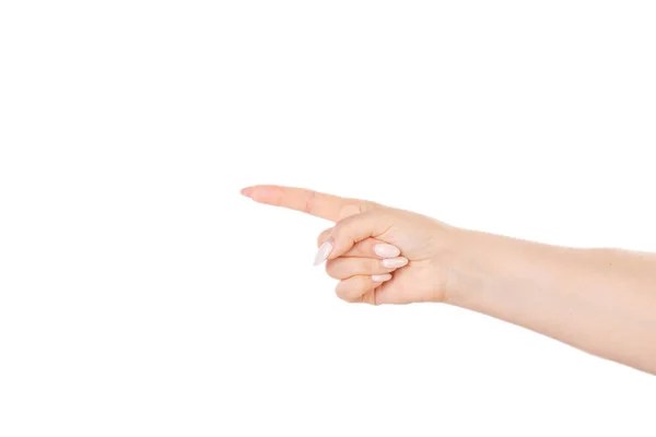 Sproeten Witte Hand Geïsoleerde Handpalm Van Vrouw Omhoog Een Wijzend — Stockfoto