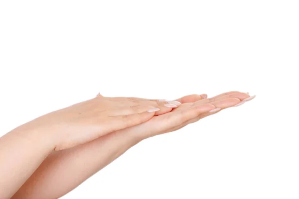 Gestos Mão Mulher Cuidados Com Pele Isolado Fundo Branco — Fotografia de Stock