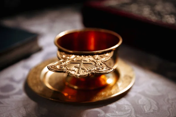 Church Attributes Wedding Ceremony Gold Crowns Altar Attributes Priest Interior — Stock Photo, Image