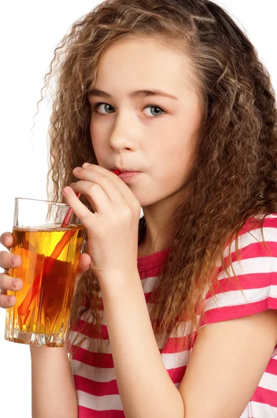 Flicka med äppeljuice — Stockfoto