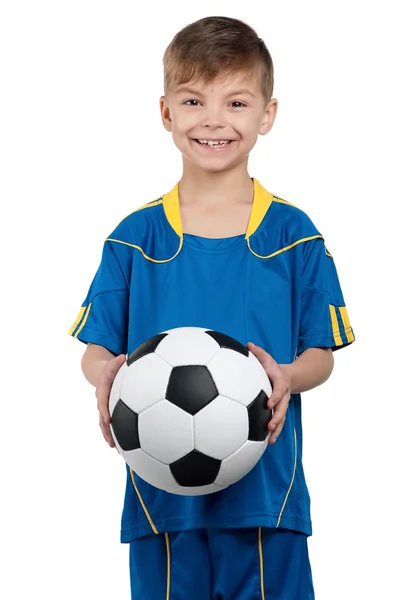 Menino em uniforme de futebol nacional ucraniano — Fotografia de Stock