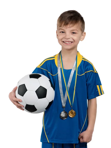 Niño en uniforme de fútbol nacional ucraniano — Foto de Stock