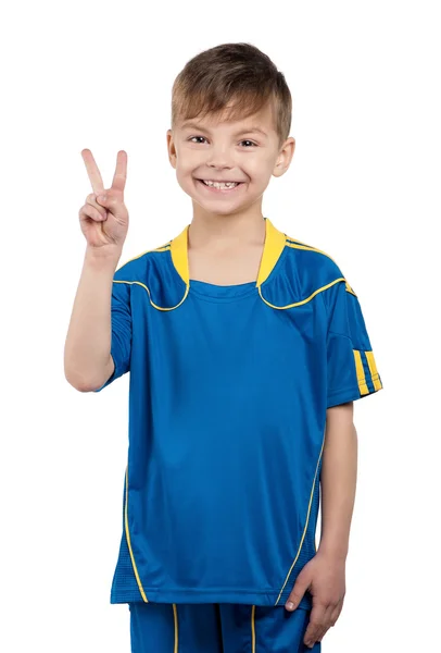 Menino em uniforme de futebol nacional ucraniano — Fotografia de Stock