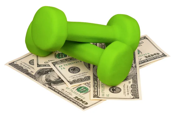 Dollars and dumbbells — Stock Photo, Image