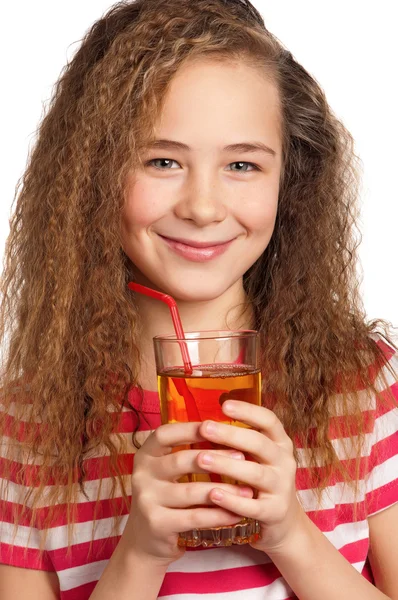 Girl with apple juice — Stock Photo, Image