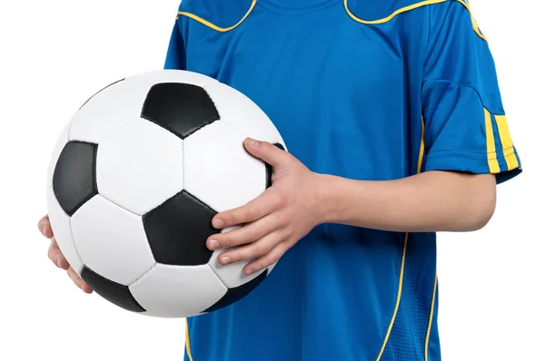 Menino em uniforme de futebol nacional ucraniano — Fotografia de Stock