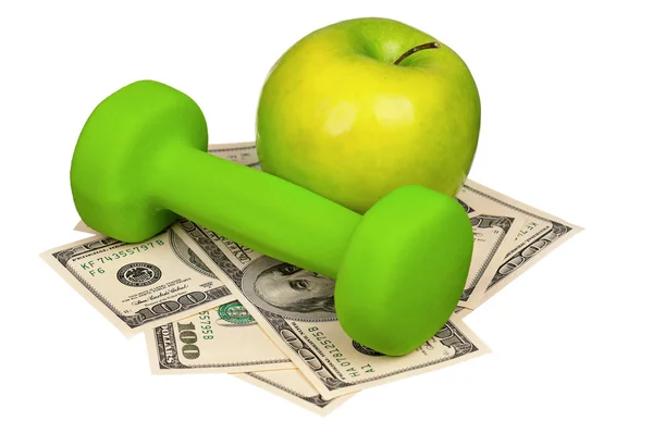 Dollars and dumbbells — Stock Photo, Image