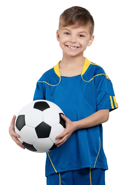 Menino em uniforme de futebol nacional ucraniano — Fotografia de Stock