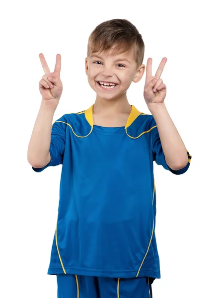 Niño en uniforme de fútbol nacional ucraniano — Foto de Stock