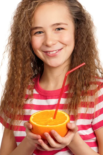 Flicka med apelsinjuice — Stockfoto