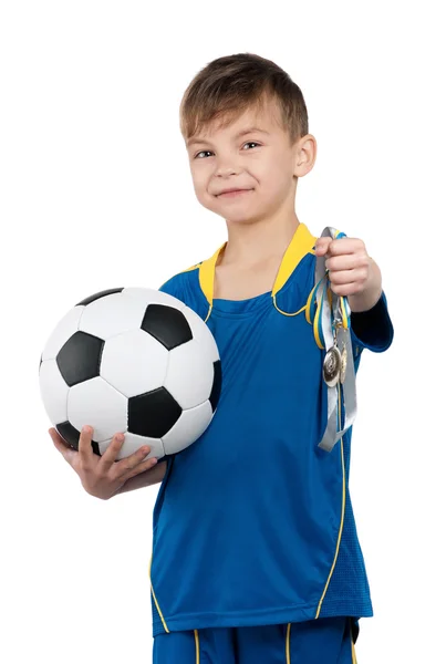 Niño en uniforme de fútbol nacional ucraniano — Foto de Stock