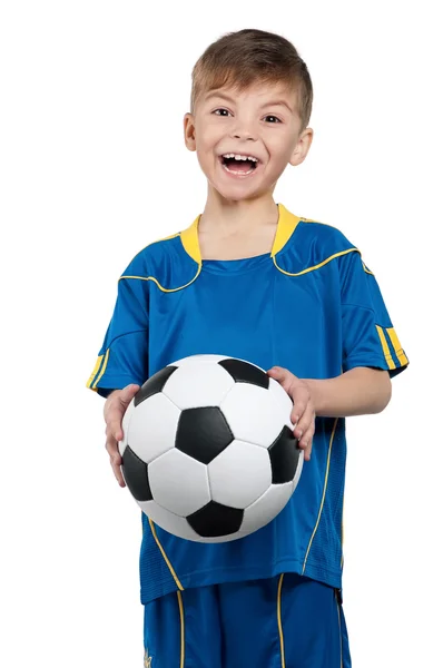 Menino em uniforme de futebol nacional ucraniano — Fotografia de Stock