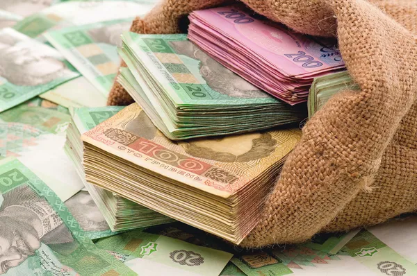 Saco de dinheiro com hryvna — Fotografia de Stock