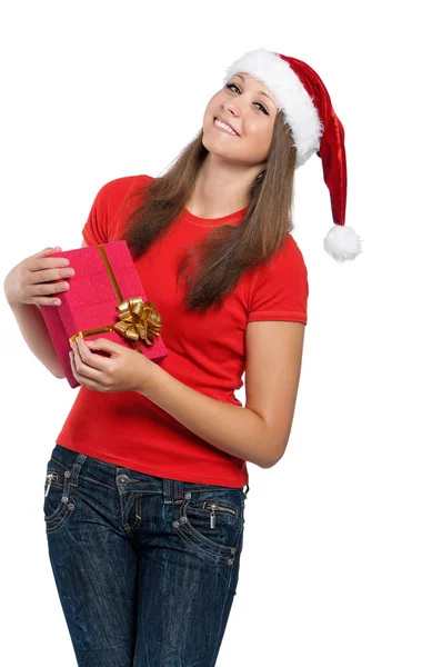 Tiener meisje in Kerstman hoed — Stockfoto