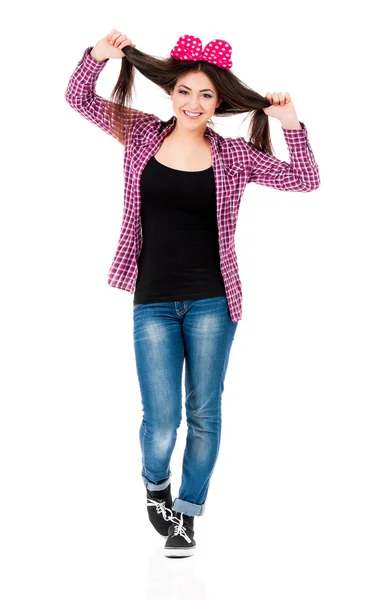 Girl with red bow — Stock Photo, Image