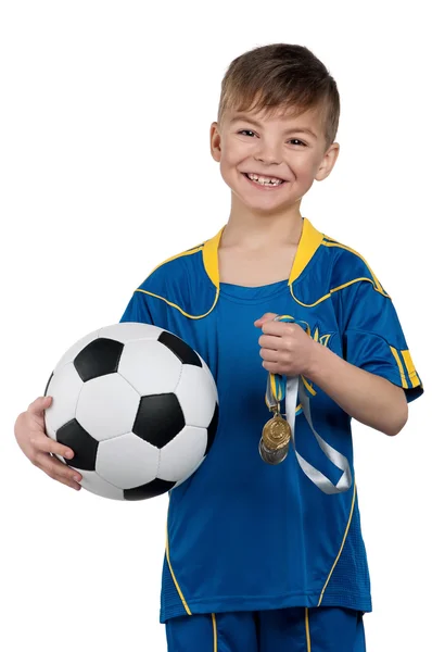 Menino em uniforme de futebol nacional ucraniano — Fotografia de Stock