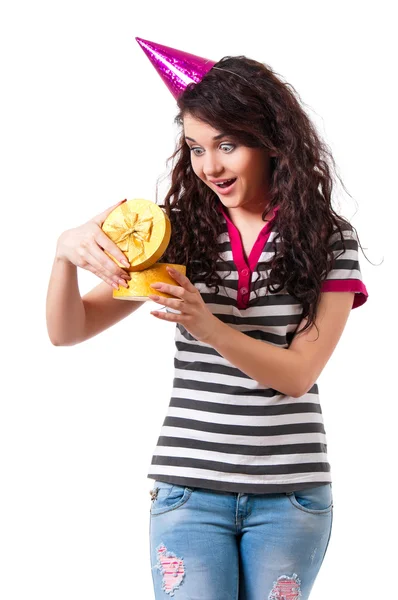 Girl opening gift box — Stock Photo, Image