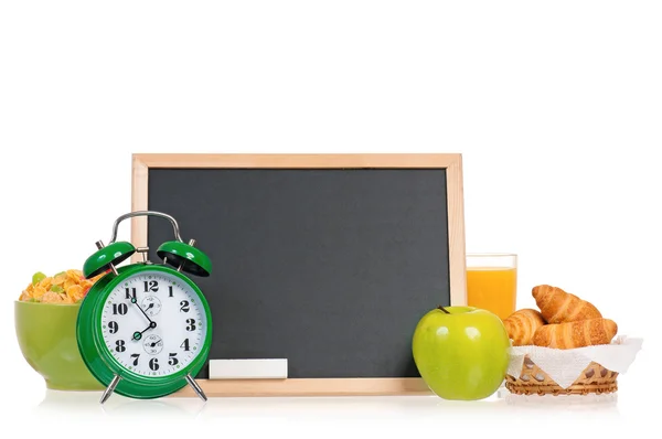 Alarm clock with breakfast and blackboard — Stock Photo, Image