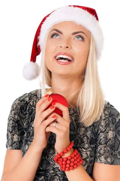 Vrouw in kerstman hoed — Stockfoto