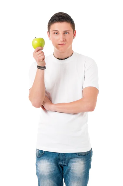 Man med grönt äpple — Stockfoto