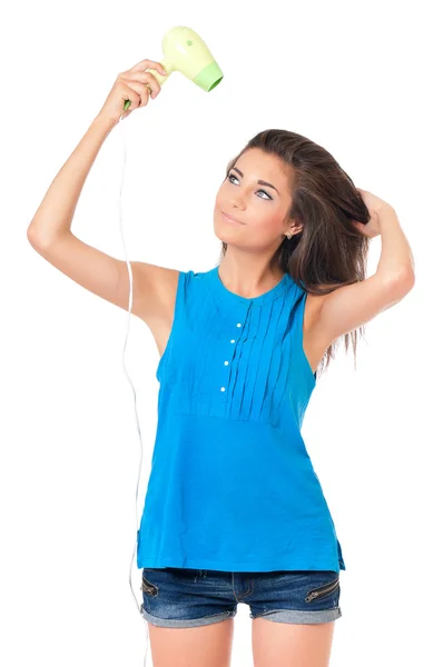 Girl with hair dryer — Stock Photo, Image