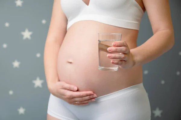 Pregnant Woman Holding Glass Drinking Water Unrecognized Pregnant Female Tenderly — Stock Photo, Image