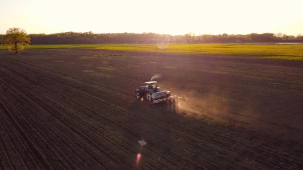 Luftaufnahme Eines Blauen Traktors Bei Der Arbeit Frühlingsfeld Vorbereitungszeit Der — Stockvideo