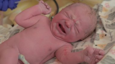 Newborn screaming baby at hospital. Close up view of a tiny newborn child crying.