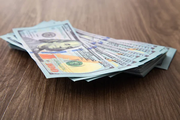 Dollar Bills Stack Wooden Table — Stock Photo, Image
